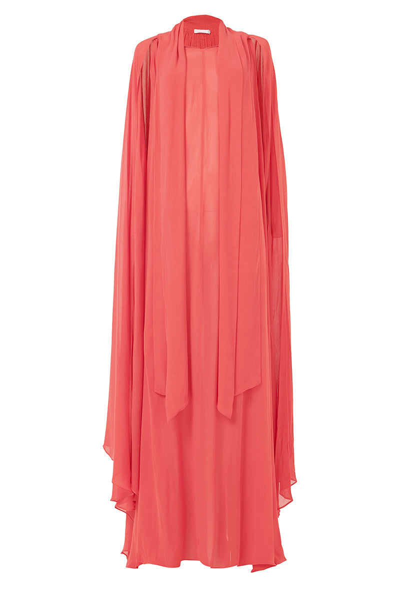Leem Cape Detail Maxi Kaftan in Coral, flowing maxi dress with cape accents, lightweight fabric, perfect for summer wear.