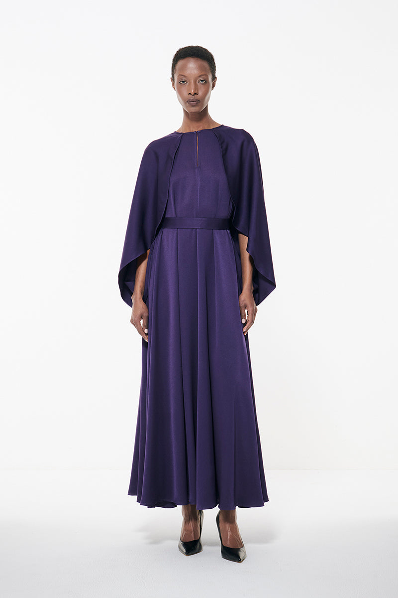 CAPE SLEEVE BELTED DRESS IN DARK PURPLE