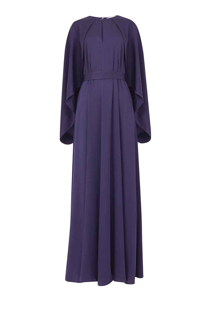 CAPE SLEEVE BELTED DRESS IN DARK PURPLE