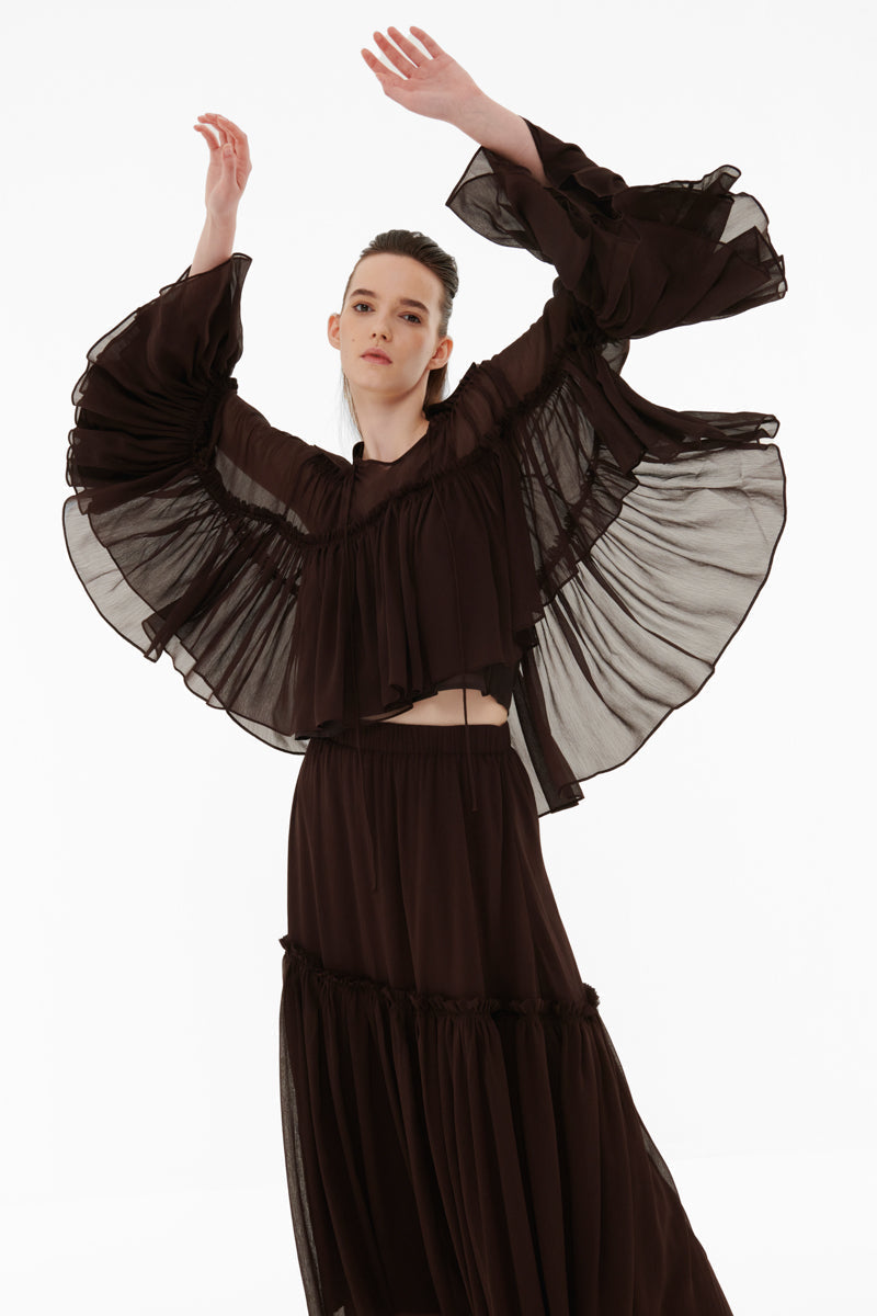 FLOATY RAW SEAM DETAIL TOP IN DARK BROWN - CULT MIA