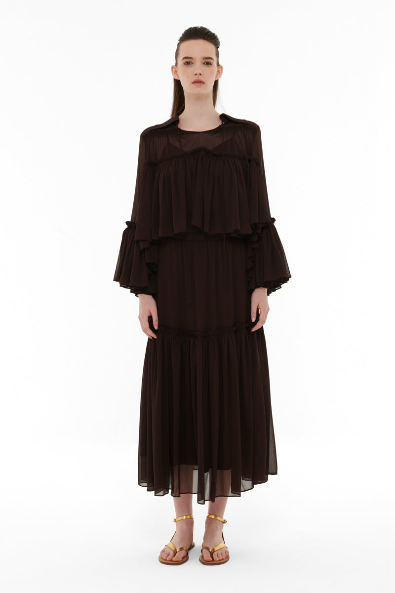 TIERED CHIFFON SKIRT IN DARK BROWN - CULT MIA