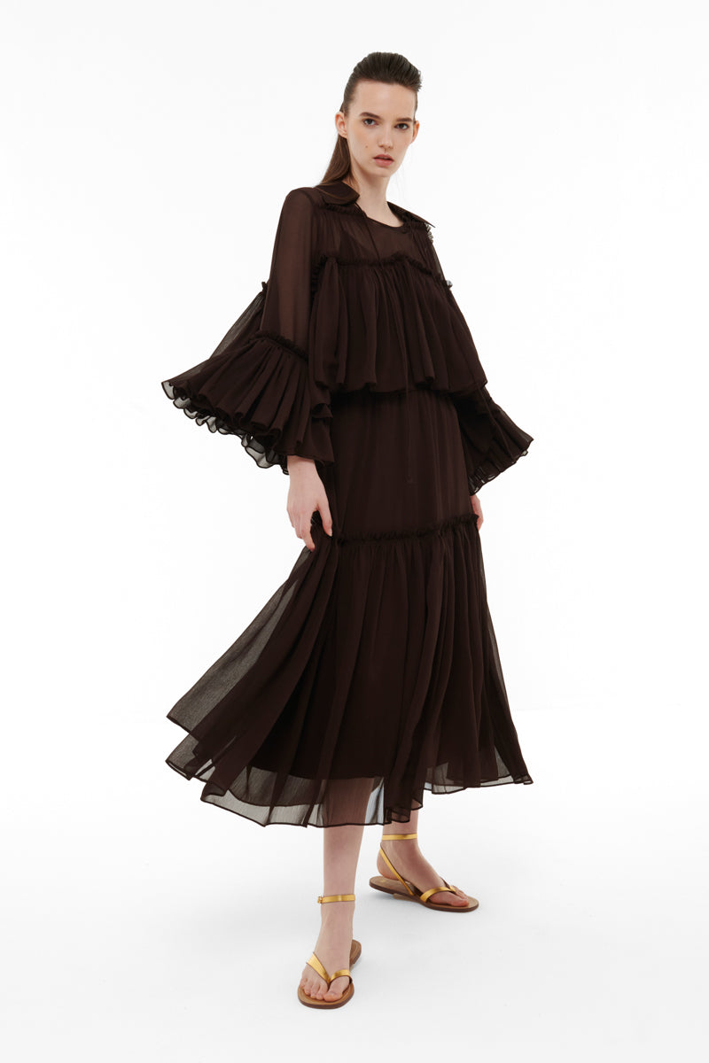TIERED CHIFFON SKIRT IN DARK BROWN - CULT MIA