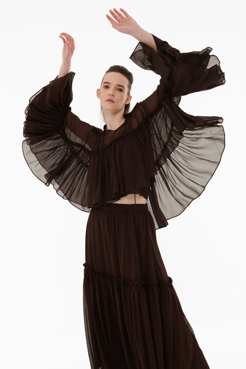 TIERED CHIFFON SKIRT IN DARK BROWN - CULT MIA