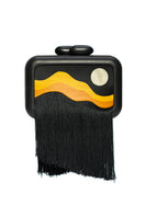 Sy&Vie Habitat Full Moon clutch bag in black with textured surface and sleek design, perfect for evening and special occasions.