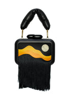 Sy&Vie Habitat Full Moon clutch bag with textured moon design and sleek black finish, stylish accessory for evening outfits.