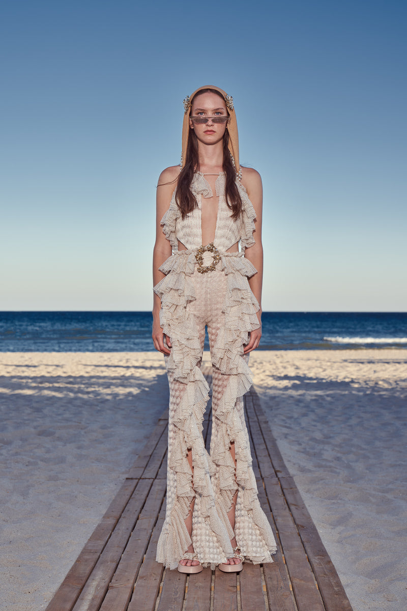 ECRU CUT-OUT DETAILED OPEN KNIT RUFFLE JUMPSUIT - CULT MIA