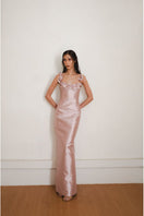 YASSMIN SALEH pink halo gown featuring elegant design, front view showcasing the flowing fabric and sophisticated style.