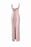 Pink Halo Gown by YASSMIN SALEH featuring a ghost-back design, elegant and flowing fabric for special occasions.