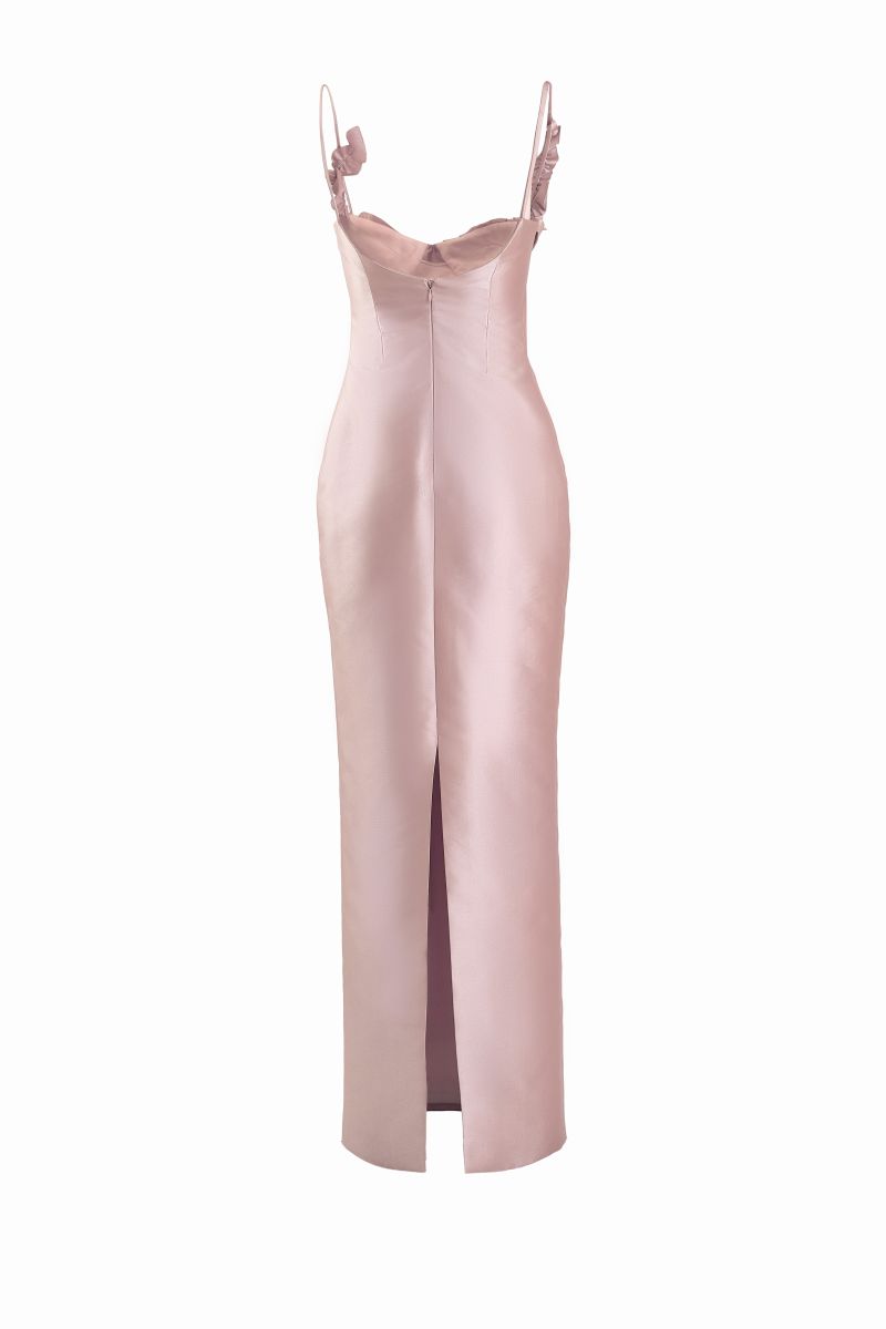 Pink Halo Gown by YASSMIN SALEH featuring a ghost-back design, elegant and flowing fabric for special occasions.