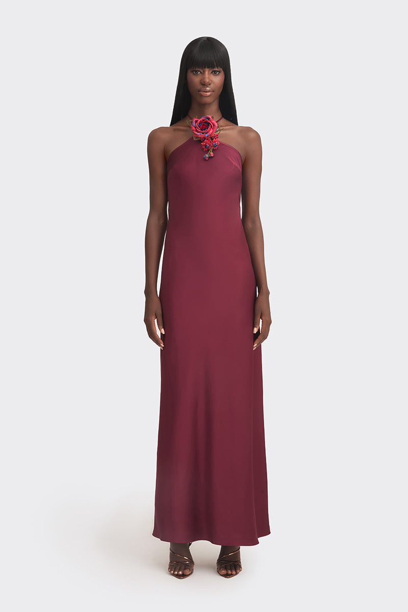 CULT MIA X STOLEN STORES HALTER BIAS MAXI DRESS IN BURGUNDY - CULT MIA