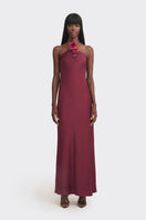 Stolen Stores CULT MIA X Stolen Stores burgundy halter bias maxi dress with slip silhouette and elegant design.