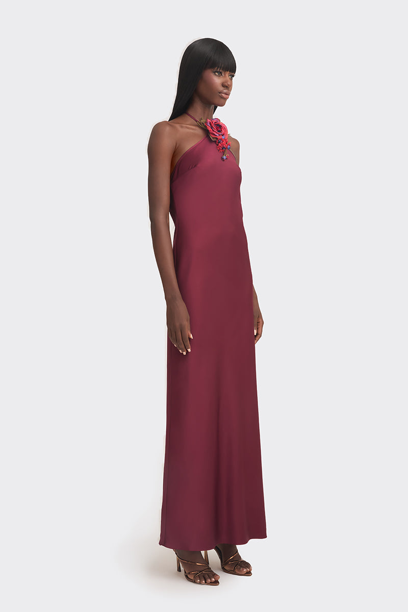 CULT MIA X STOLEN STORES HALTER BIAS MAXI DRESS IN BURGUNDY - CULT MIA