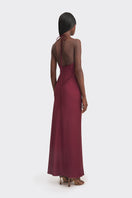 Stolen Stores CULT MIA X Stolen Stores burgundy halter bias maxi dress with a flowing slip design and sleeveless style.