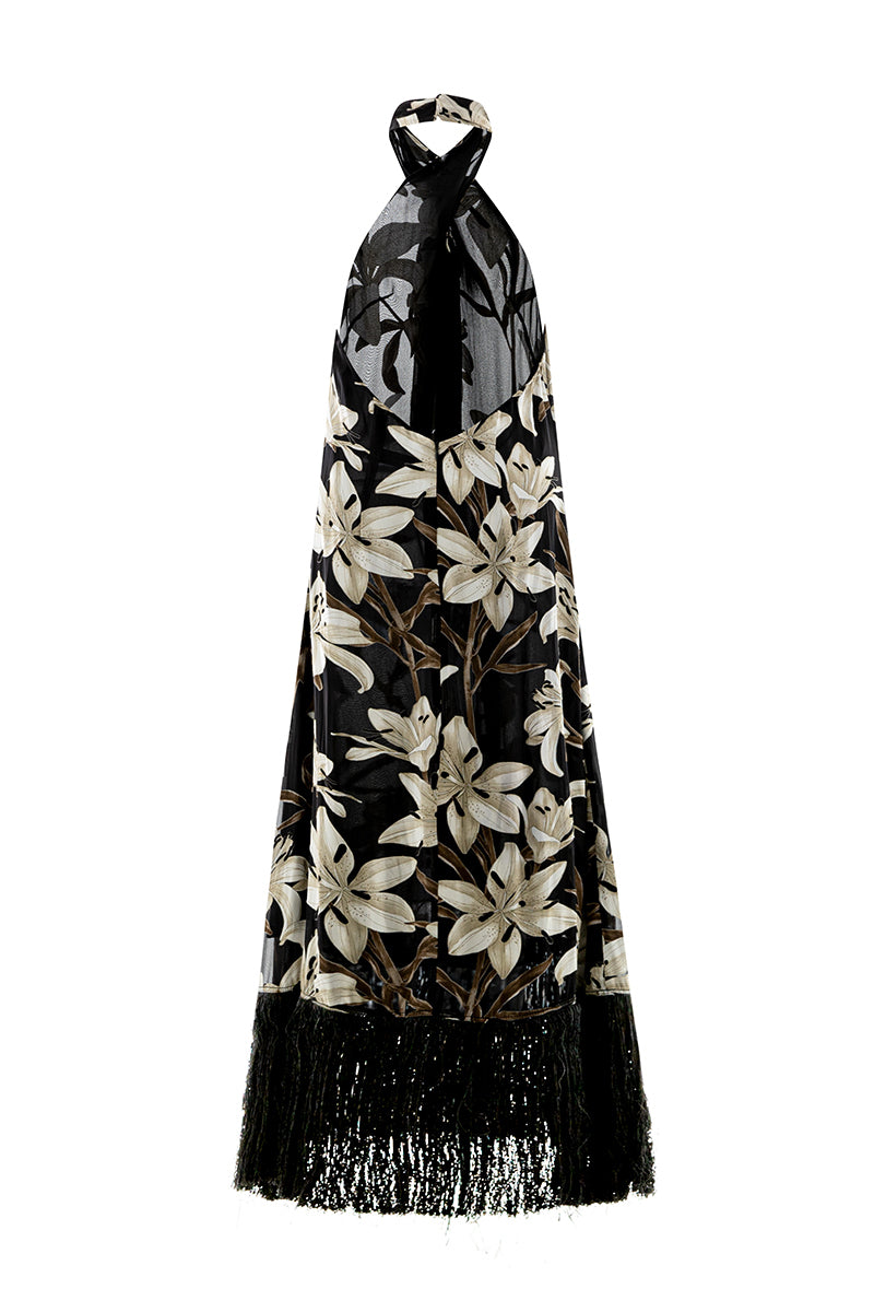 Black Valenciani halter-neck floral printed maxi dress displayed on a hanger with flowing fabric.