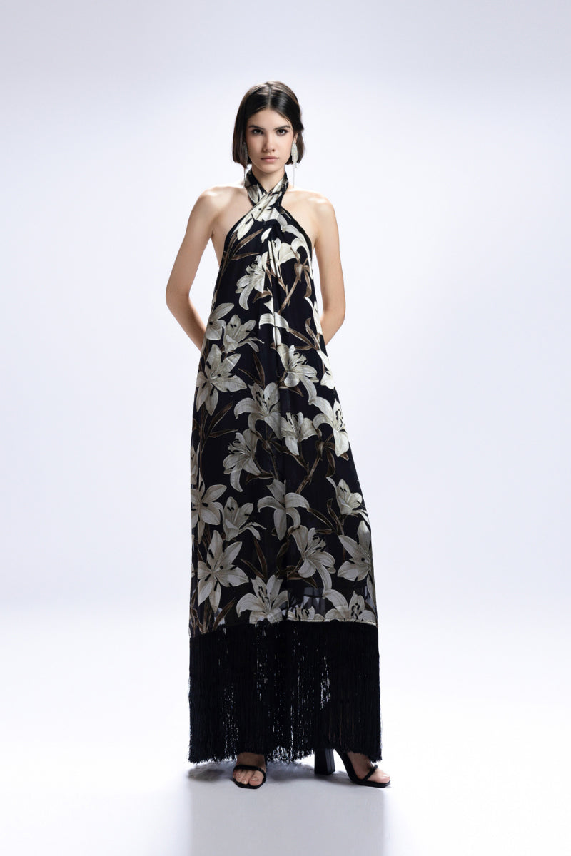 HALTER-NECK FLORAL PRINTED MAXI DRESS IN BLACK