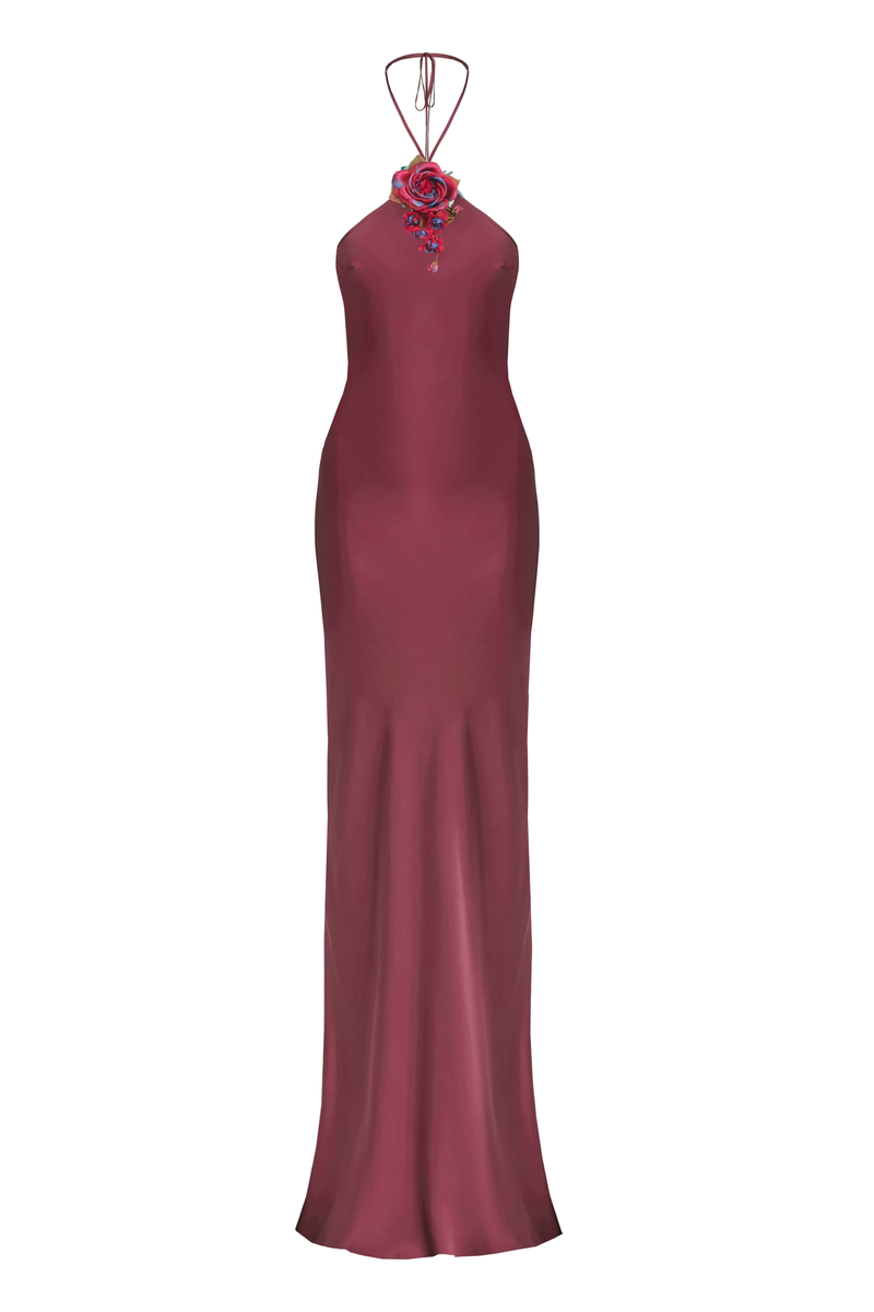 CULT MIA X STOLEN STORES HALTER BIAS MAXI DRESS IN BURGUNDY - CULT MIA