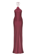 Stolen Stores CULT MIA X burgundy halter bias maxi dress with sleek slip design, perfect for elegant summer occasions.