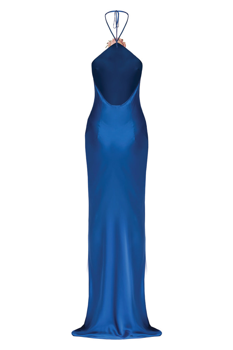 HALTER BIAS MAXI SLIP DRESS IN COBALT - CULT MIA