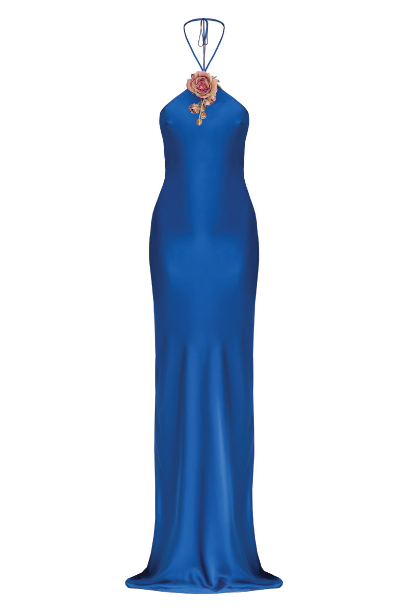 HALTER BIAS MAXI SLIP DRESS IN COBALT - CULT MIA
