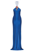 Cobalt halter bias maxi slip gown by Stolen Stores, featuring a flowing design and elegant neckline, front view.