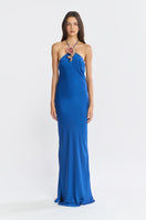 Cobalt halter bias maxi slip gown by Stolen Stores featuring a flowing silhouette and elegant design.