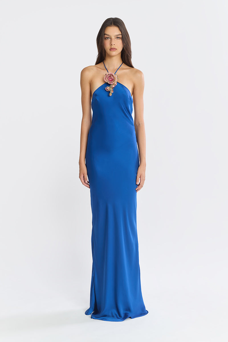 Cobalt halter bias maxi slip gown by Stolen Stores featuring a flowing silhouette and elegant design.
