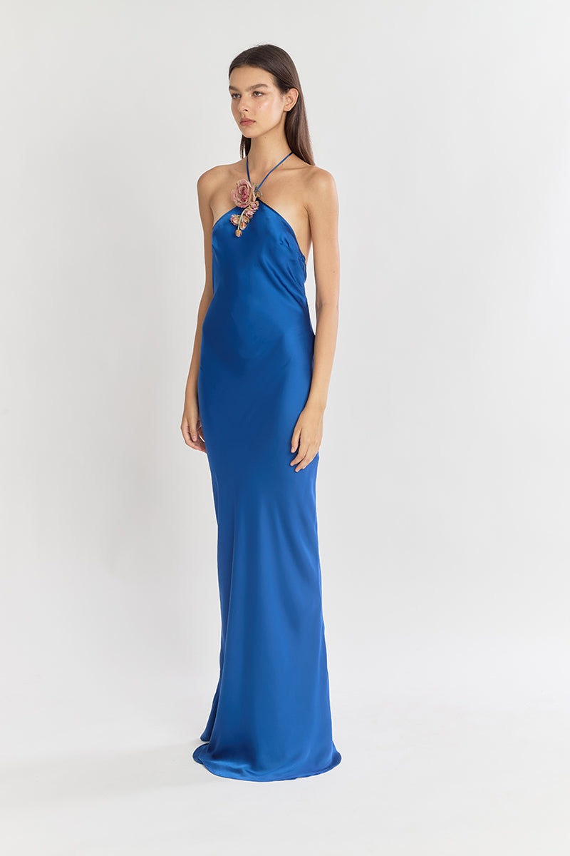 HALTER BIAS MAXI SLIP DRESS IN COBALT - CULT MIA
