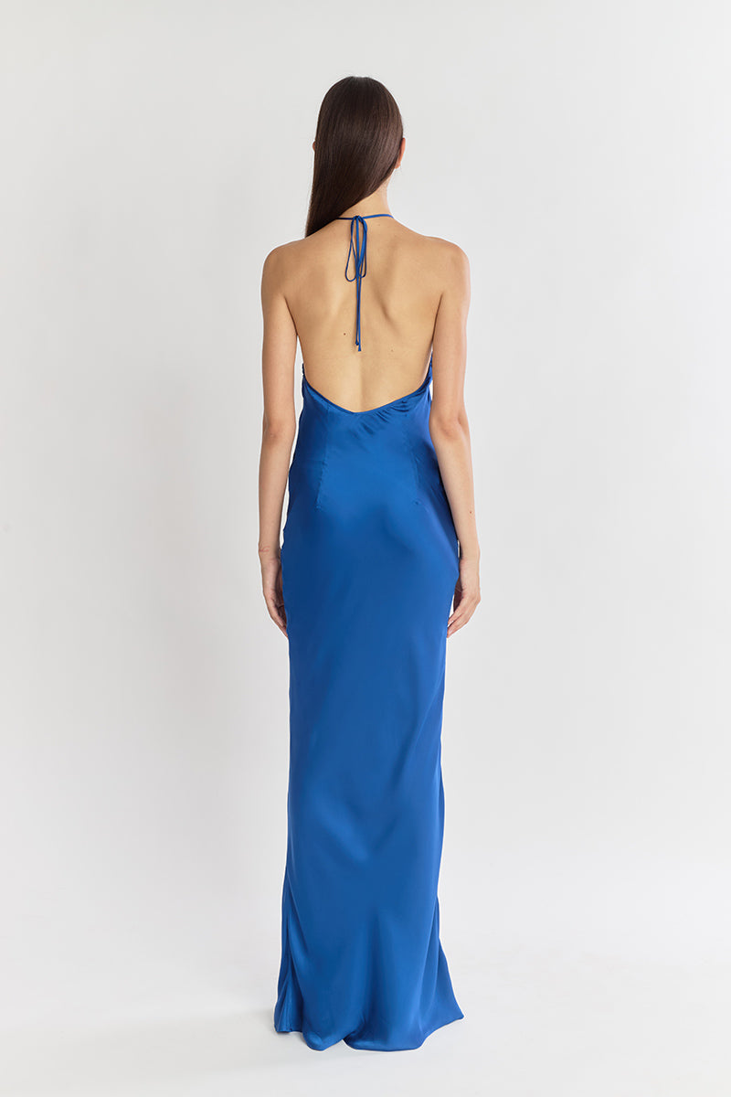 HALTER BIAS MAXI SLIP DRESS IN COBALT - CULT MIA