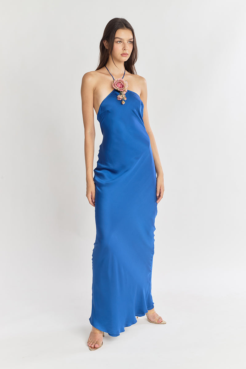 HALTER BIAS MAXI SLIP DRESS IN COBALT - CULT MIA