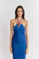 Cobalt halter bias maxi slip gown by Stolen Stores featuring flowing fabric and elegant design, perfect for formal occasions.