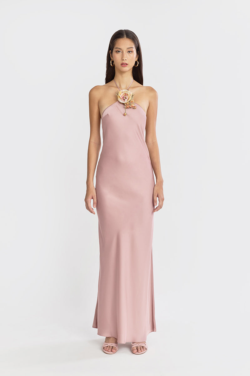 HALTER BIAS MAXI SLIP DRESS IN DUSTY PINK - CULT MIA