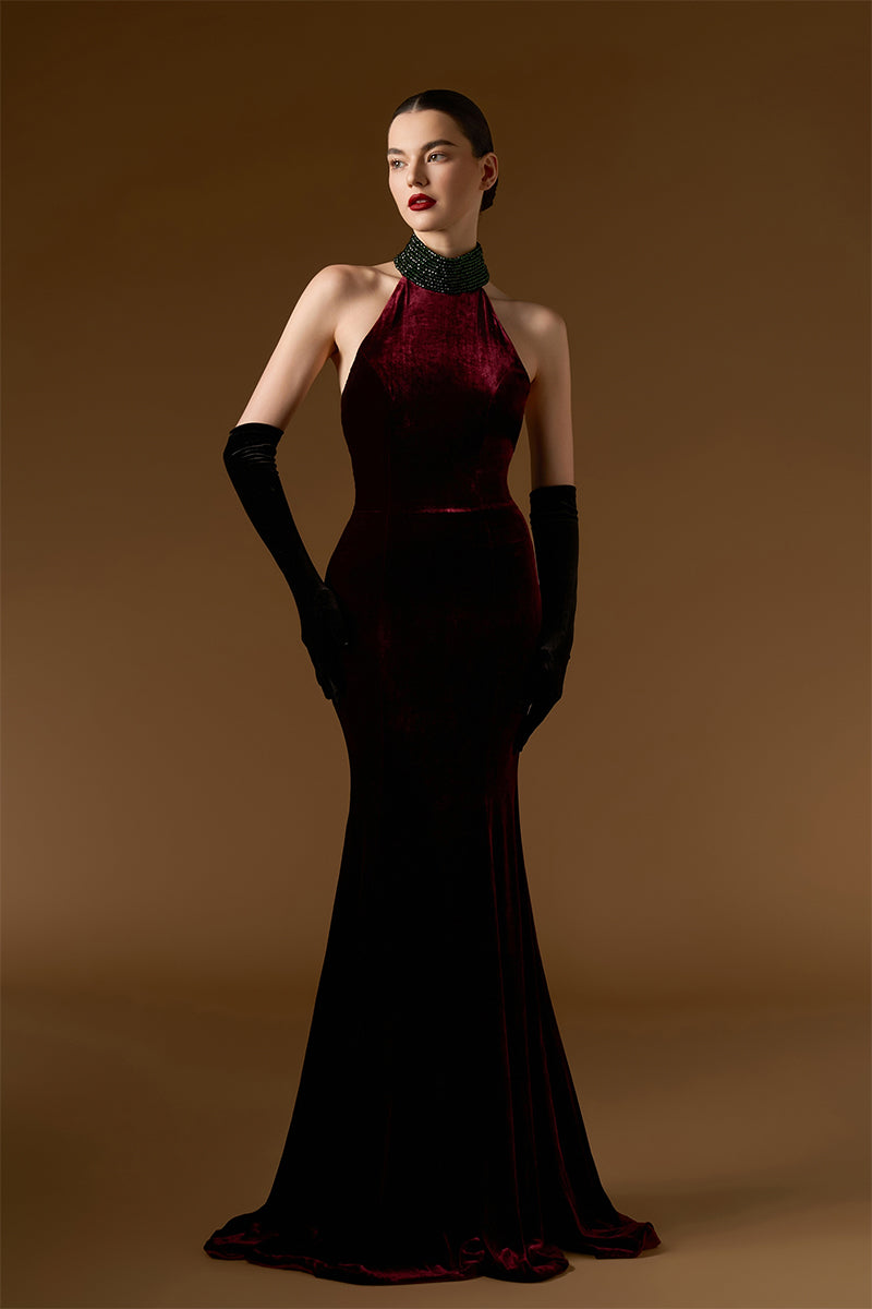 فستان أناهيتا ماكسي من الحرير المخملي باللون الأحمر