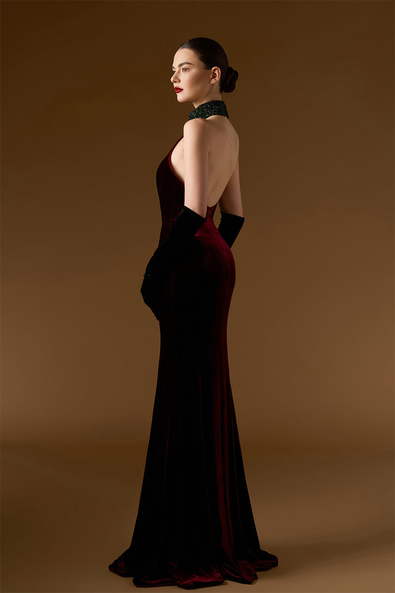 backless velvet maxi dress Nissa Backless Velvet Maxi Dress With Embellished Trim