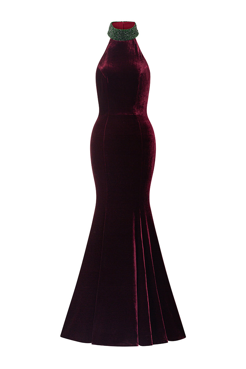 فستان أناهيتا ماكسي من الحرير المخملي باللون الأحمر