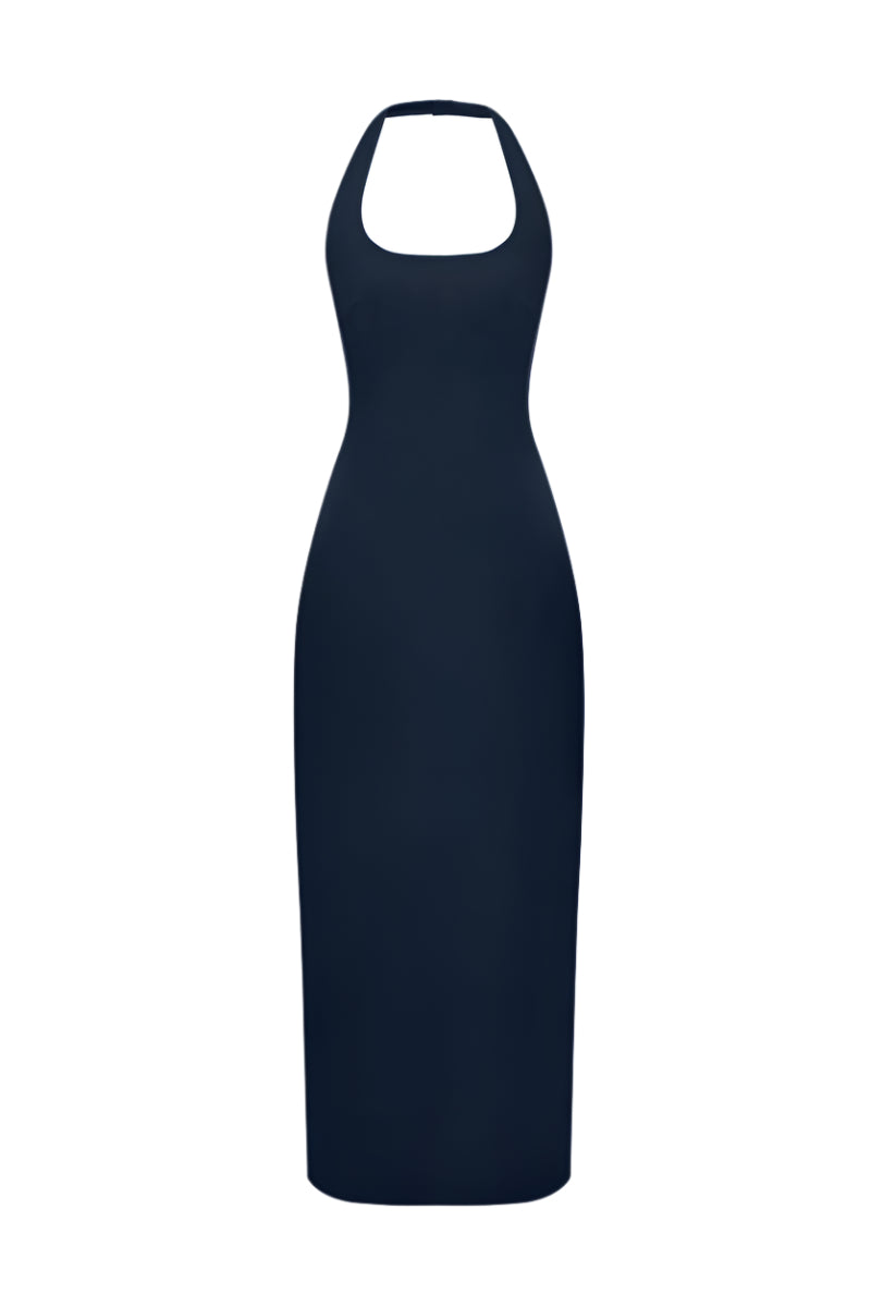 HALTER NECK TWO SIDED LEATHER DRESS IN NAVY-BLUE - CULT MIA