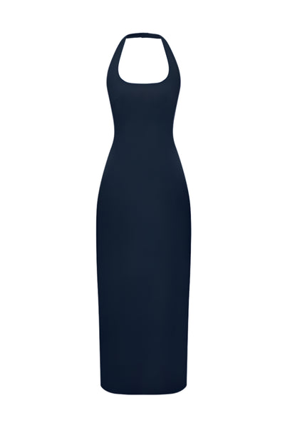 HALTER NECK TWO SIDED LEATHER DRESS IN NAVY-BLUE | CULT MIA | BALYKINA HALTER NECK TWO SIDED LEATHER DRESS IN NAVY-BLUE | CULT MIA | BALYKINA