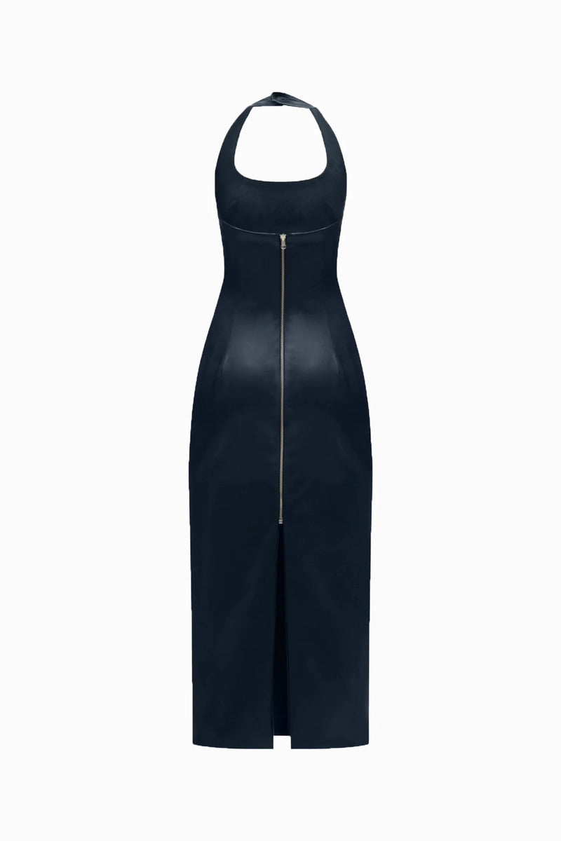 BALYKINA HALTER NECK TWO SIDED LEATHER DRESS IN NAVY-BLUE | Cult Mia BALYKINA HALTER NECK TWO SIDED LEATHER DRESS IN NAVY-BLUE | Cult Mia