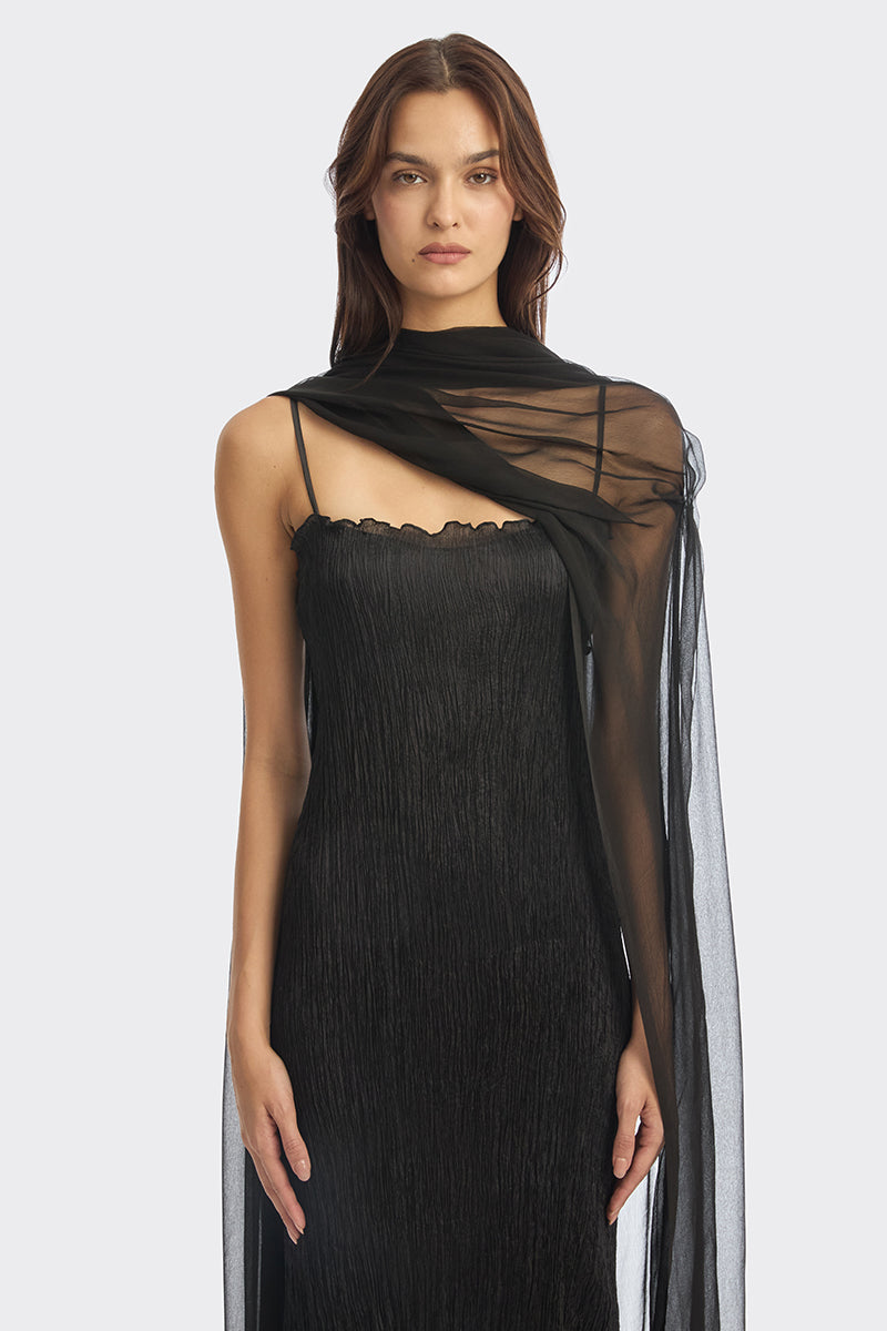 Black twisted pleat midi dress by Stolen Stores featuring hand-pleated fabric and a stylish, elegant design.