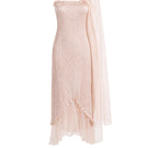 Light pink twisted pleat midi dress by Stolen Stores, featuring hand-pleated fabric and elegant midi length.