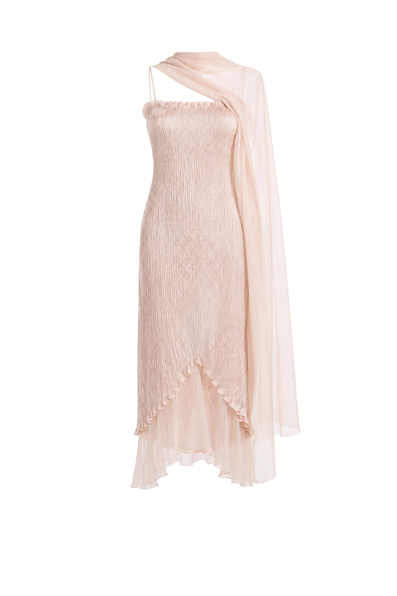 Light pink twisted pleat midi dress by Stolen Stores, featuring hand-pleated fabric and elegant midi length.