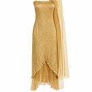 Gold hand-pleated midi dress by Stolen Stores from the CULT MIA X Stolen Stores collection, shown on a model.
