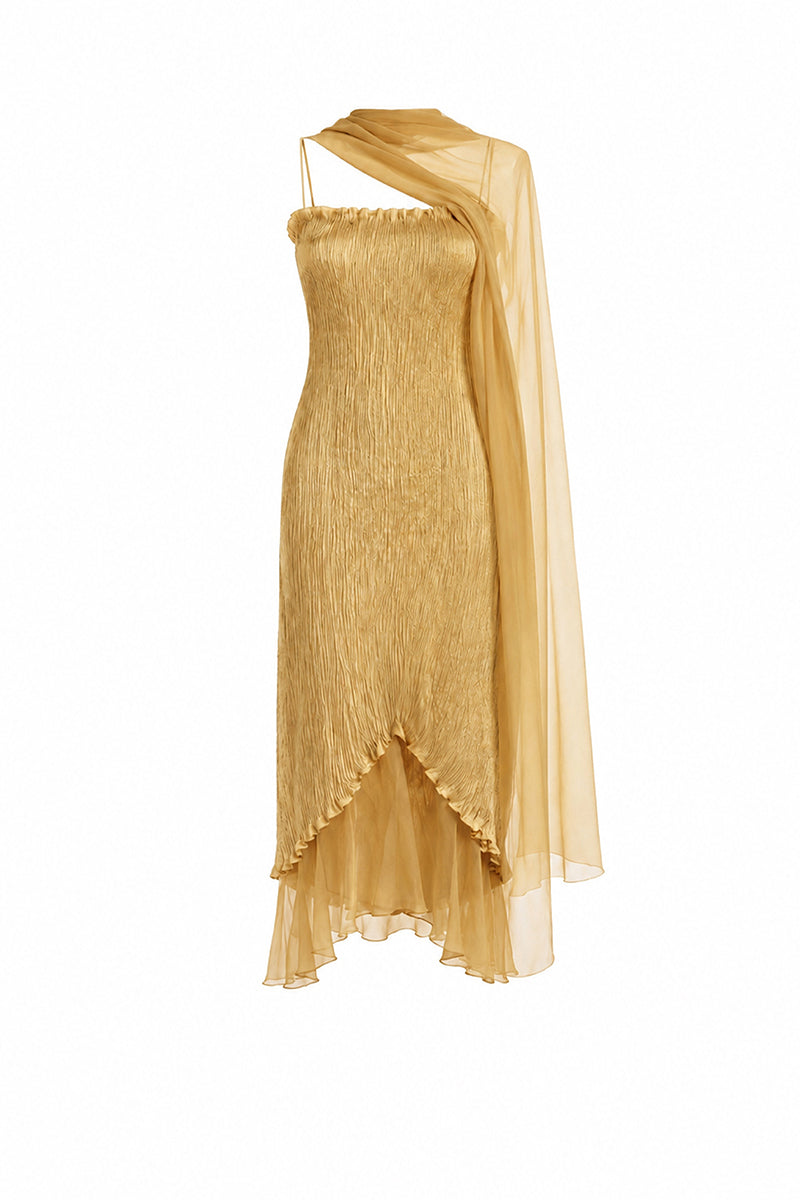 Gold hand-pleated midi dress by Stolen Stores from the CULT MIA X Stolen Stores collection, shown on a model.