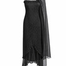 Black twisted pleat midi dress from Stolen Stores featuring hand-pleated fabric and a sleek, elegant silhouette.