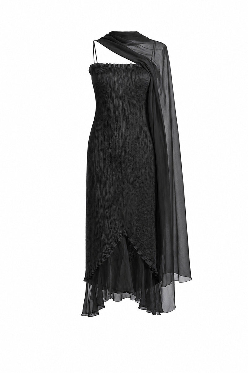 Black twisted pleat midi dress from Stolen Stores featuring hand-pleated fabric and a sleek, elegant silhouette.