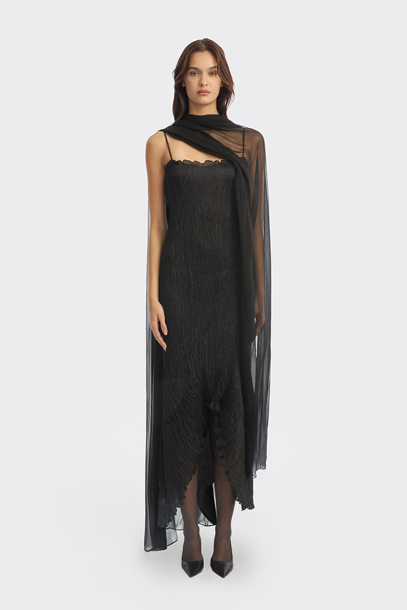 Black twisted pleat midi dress from Stolen Stores featuring hand-pleated fabric and elegant midi-length silhouette.