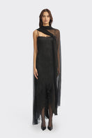 Black twisted pleat midi dress from Stolen Stores featuring hand-pleated fabric and elegant midi-length silhouette.