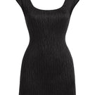 Black hand-pleated mini dress by Stolen Stores, featuring a stylish, textured design perfect for fashion-forward occasions.