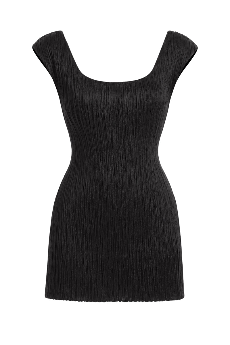Black hand-pleated mini dress by Stolen Stores, featuring a stylish, textured design perfect for fashion-forward occasions.