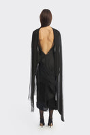 Black twisted pleat midi dress by Stolen Stores featuring hand-pleated fabric and a stylish, elegant silhouette.