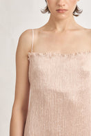 Light pink twisted pleat midi dress by Stolen Stores, featuring hand-pleated fabric and elegant midi length.